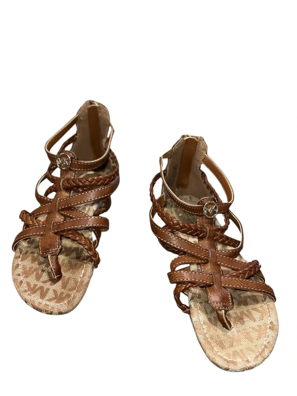 Michael Kors Girls Tatia Cognac Braided Gladiator Sandals Zip Back MK Logo S 13